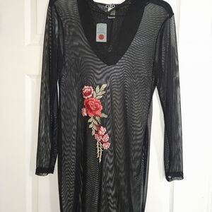 cleo Black Sheer Mesh Dress with Red Rose Applique